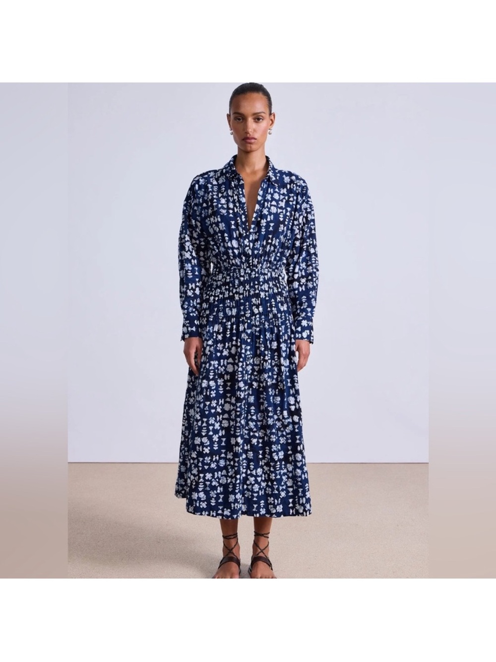 APIECE APART Sophia Smocked Shirt Dress Batik Geo Indigo 100% Cotton Large NWT